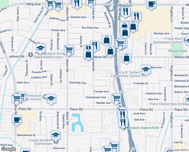 map of restaurants, bars, coffee shops, grocery stores, and more near 2714 South Real Road in Bakersfield