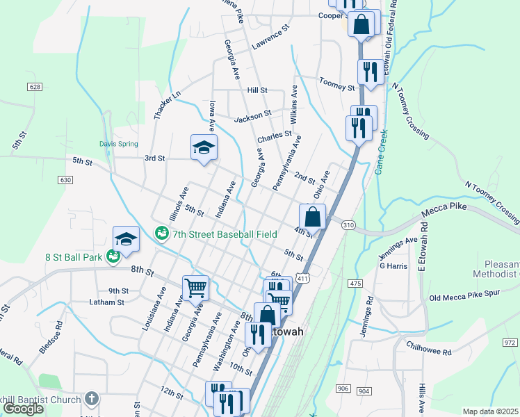 map of restaurants, bars, coffee shops, grocery stores, and more near 330 Pennsylvania Avenue in Etowah