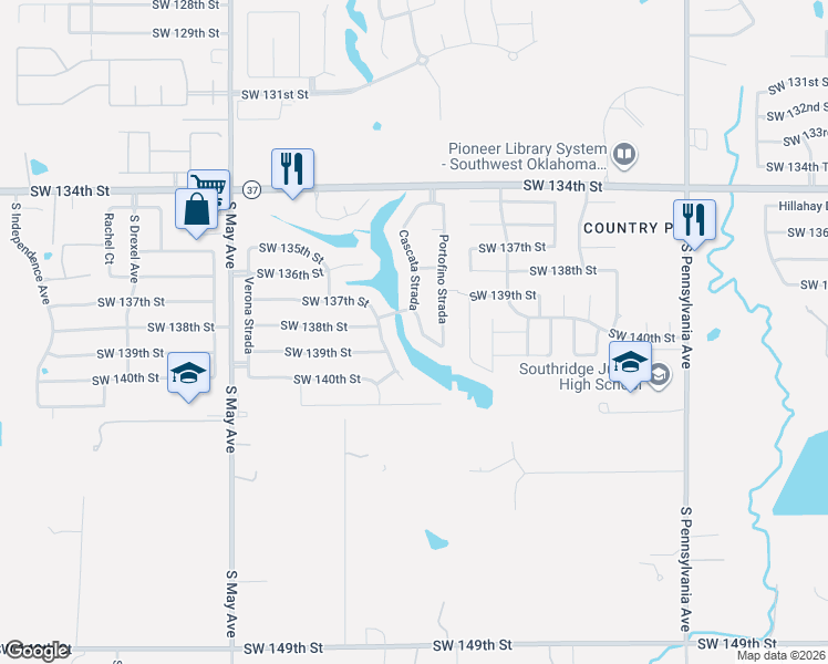 map of restaurants, bars, coffee shops, grocery stores, and more near 13901 Cascata Strada in Oklahoma City