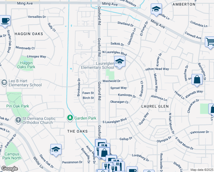 map of restaurants, bars, coffee shops, grocery stores, and more near 2709 Alberni Way in Bakersfield
