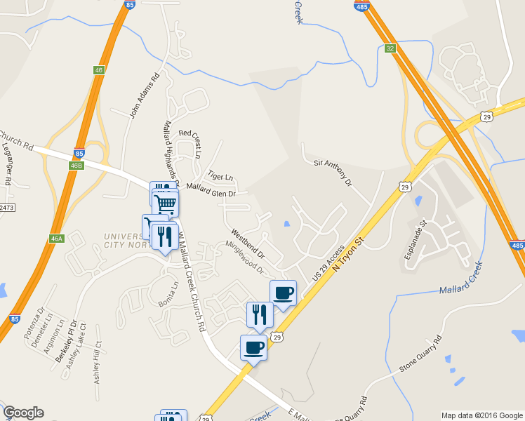 map of restaurants, bars, coffee shops, grocery stores, and more near 9950 Hyde Glen Court in Charlotte