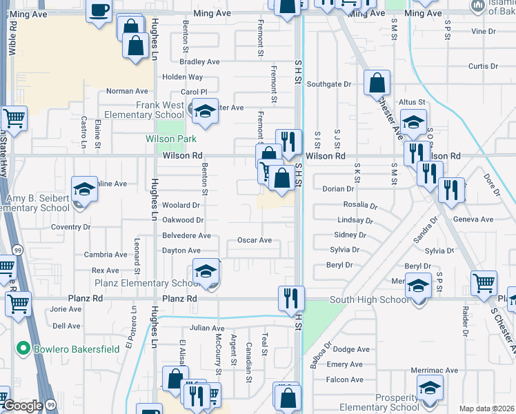 map of restaurants, bars, coffee shops, grocery stores, and more near 2707 Houchin Road in Bakersfield