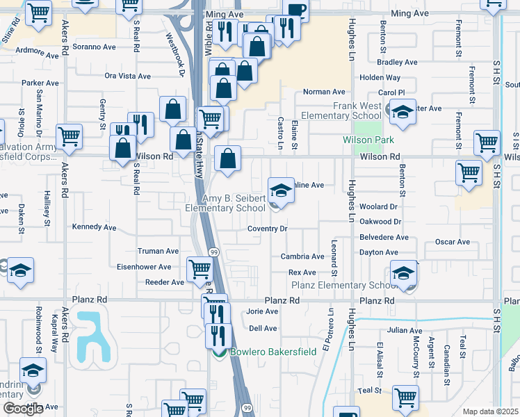 map of restaurants, bars, coffee shops, grocery stores, and more near 2801 Agate Street in Bakersfield