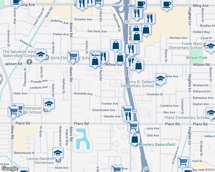 map of restaurants, bars, coffee shops, grocery stores, and more near 2714 South Real Road in Bakersfield