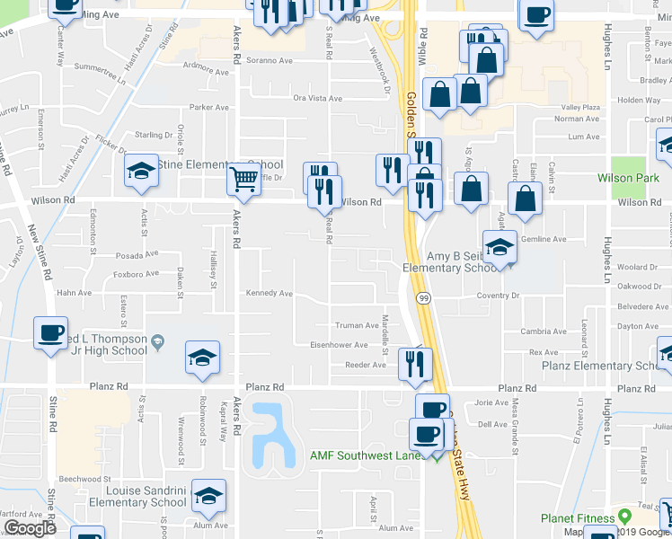 map of restaurants, bars, coffee shops, grocery stores, and more near 2714 South Real Road in Bakersfield