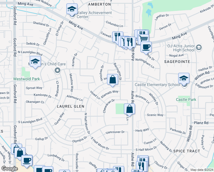 map of restaurants, bars, coffee shops, grocery stores, and more near 6904 North Half Moon Drive in Bakersfield