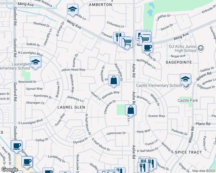 map of restaurants, bars, coffee shops, grocery stores, and more near 6812 North Half Moon Drive in Bakersfield