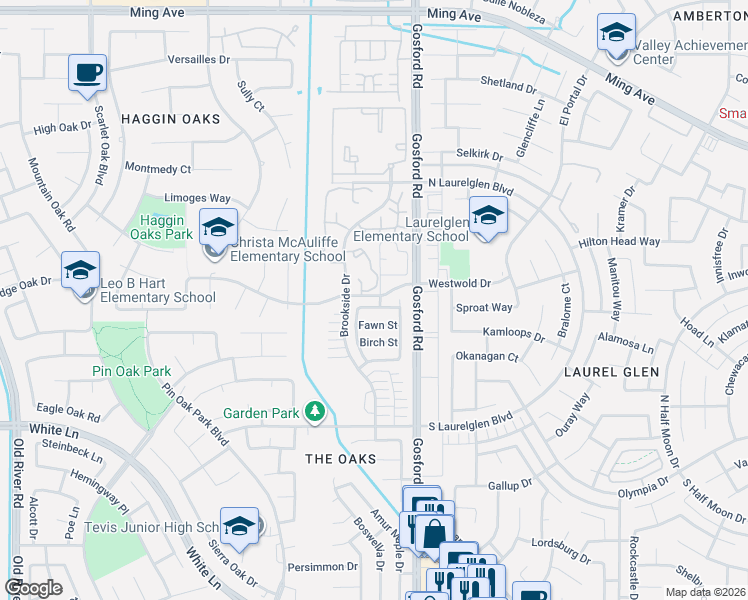 map of restaurants, bars, coffee shops, grocery stores, and more near 8200 Willowglen Drive in Bakersfield