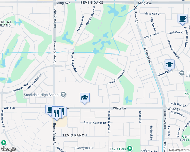 map of restaurants, bars, coffee shops, grocery stores, and more near 10610 Rycroft Way in Bakersfield