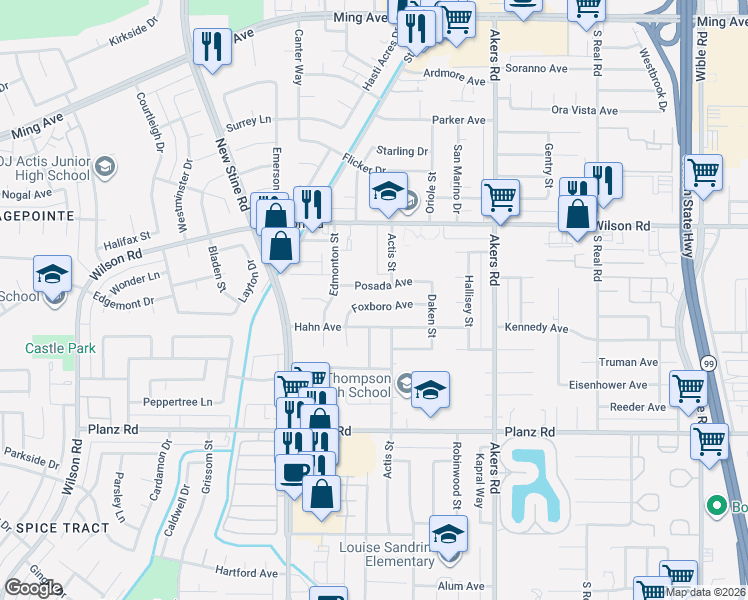 map of restaurants, bars, coffee shops, grocery stores, and more near 4516 Foxboro Avenue in Bakersfield