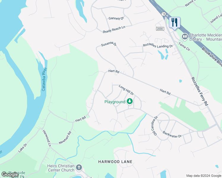 map of restaurants, bars, coffee shops, grocery stores, and more near 1615 Bitter Creek Drive in Charlotte