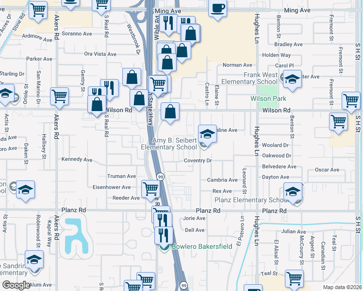 map of restaurants, bars, coffee shops, grocery stores, and more near 2712 Villalovos Court in Bakersfield
