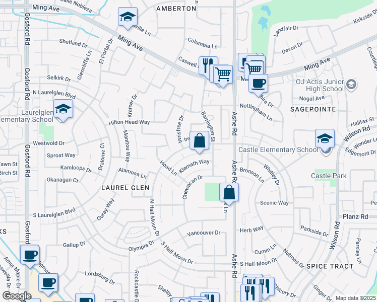 map of restaurants, bars, coffee shops, grocery stores, and more near 6812 North Half Moon Drive in Bakersfield