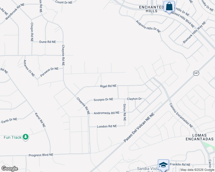 map of restaurants, bars, coffee shops, grocery stores, and more near Rigel Road Northeast in Rio Rancho