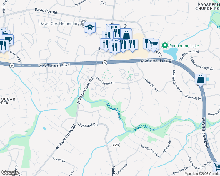 map of restaurants, bars, coffee shops, grocery stores, and more near 5948 Prescott Court in Charlotte