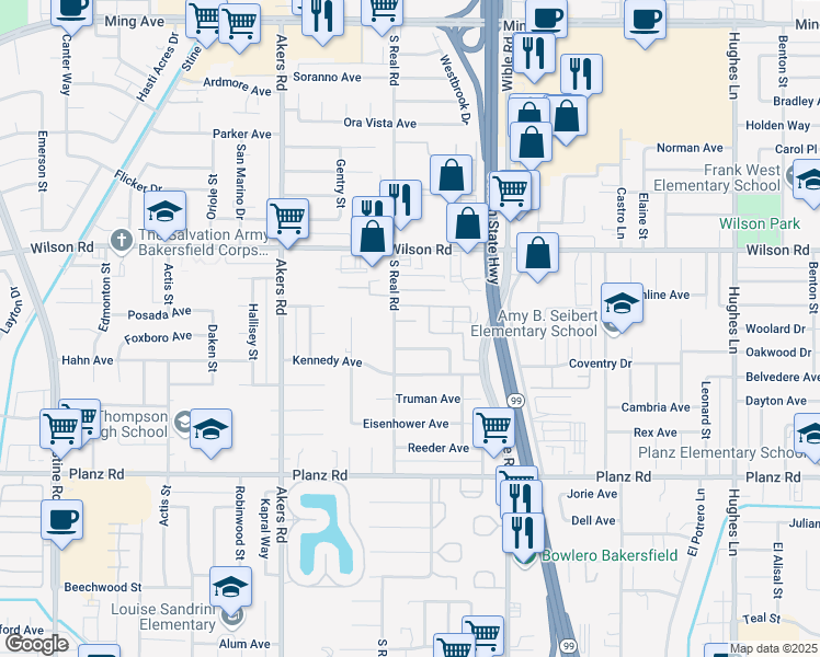 map of restaurants, bars, coffee shops, grocery stores, and more near 2714 South Real Road in Bakersfield