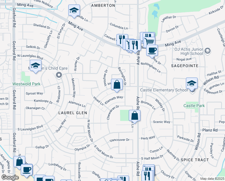 map of restaurants, bars, coffee shops, grocery stores, and more near 6713 Klamath Way in Bakersfield