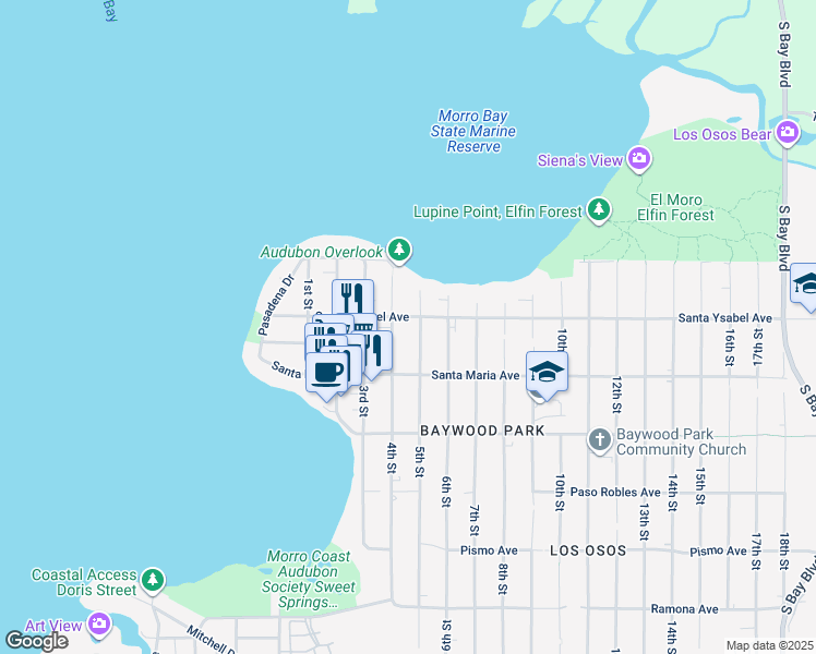 map of restaurants, bars, coffee shops, grocery stores, and more near 1224 4th Street in Baywood-Los Osos