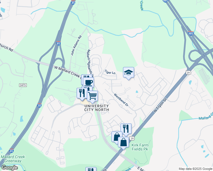map of restaurants, bars, coffee shops, grocery stores, and more near 11138 Hyde Pointe Court in Charlotte