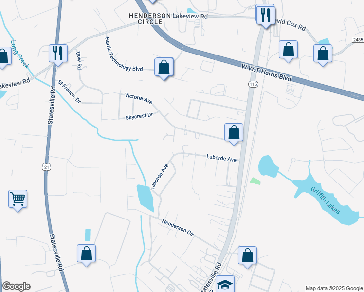 map of restaurants, bars, coffee shops, grocery stores, and more near 7906 Ocklawana Street in Charlotte