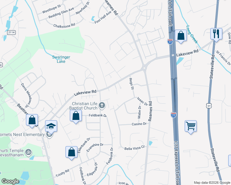 map of restaurants, bars, coffee shops, grocery stores, and more near 8416 Bella Vista Court in Charlotte