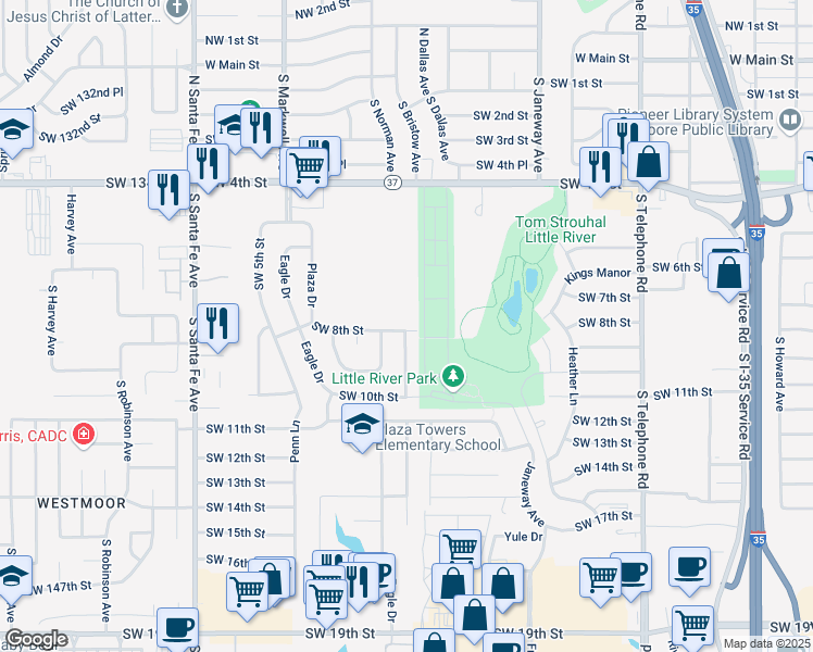 map of restaurants, bars, coffee shops, grocery stores, and more near 813 Southwest 8th Street in Moore