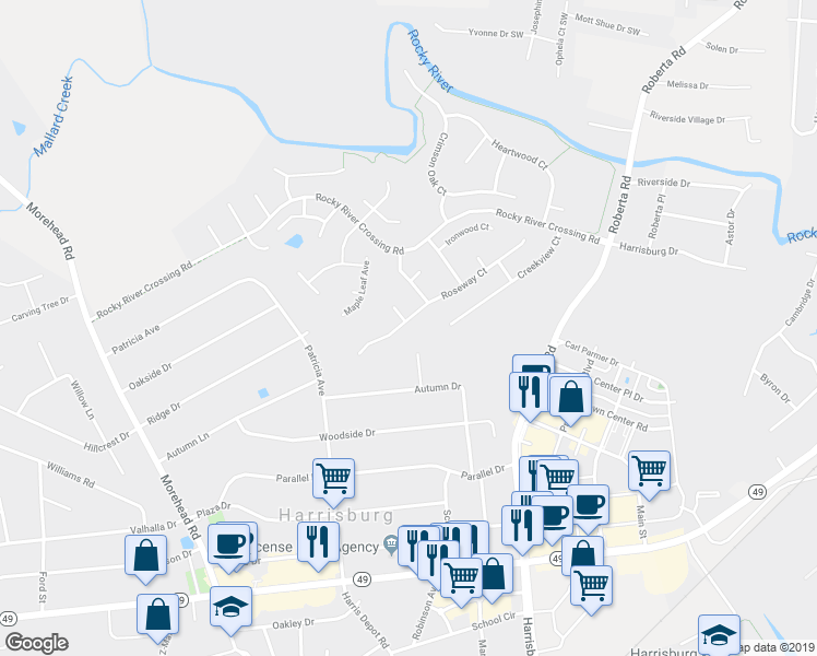 map of restaurants, bars, coffee shops, grocery stores, and more near 6181 Roseway Court in Harrisburg