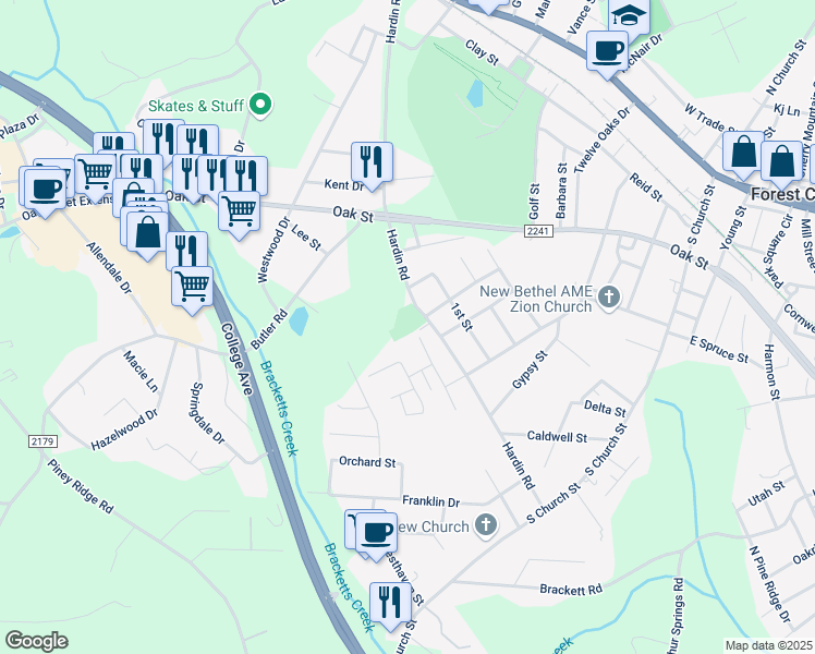 map of restaurants, bars, coffee shops, grocery stores, and more near 389 Hardin Road in Forest City