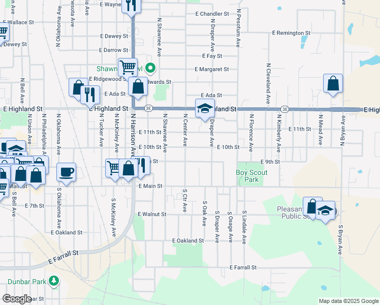 map of restaurants, bars, coffee shops, grocery stores, and more near 215 North Center Avenue in Shawnee