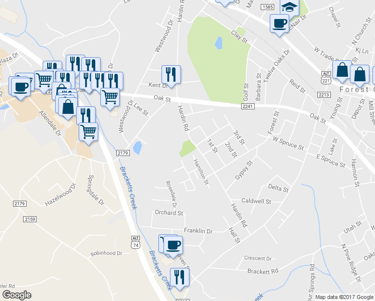 map of restaurants, bars, coffee shops, grocery stores, and more near 389 Hardin Road in Forest City