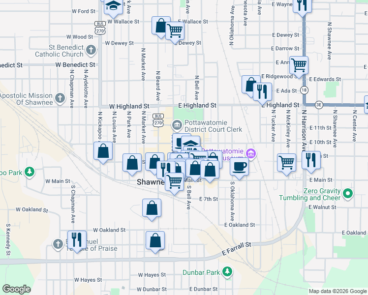 map of restaurants, bars, coffee shops, grocery stores, and more near 15 East 10th Street in Shawnee