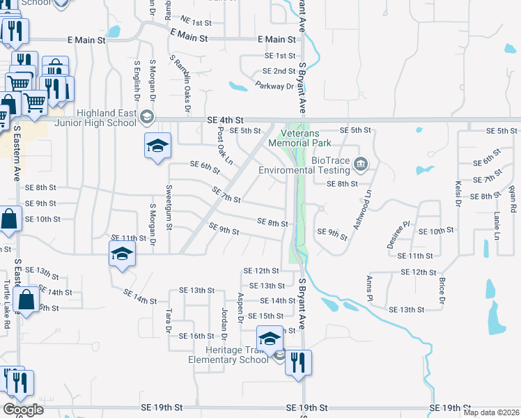 map of restaurants, bars, coffee shops, grocery stores, and more near 1709 Southeast 8th Street in Moore