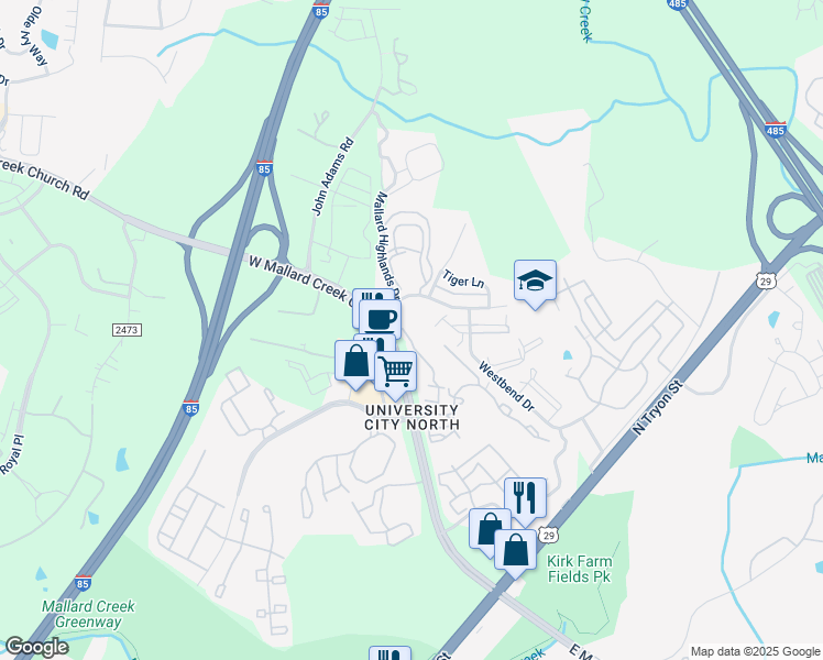 map of restaurants, bars, coffee shops, grocery stores, and more near 1840 Ripple Way in Charlotte