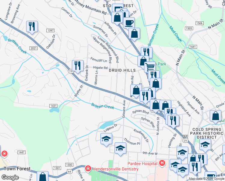 map of restaurants, bars, coffee shops, grocery stores, and more near 1516 Dawnview Drive in Hendersonville