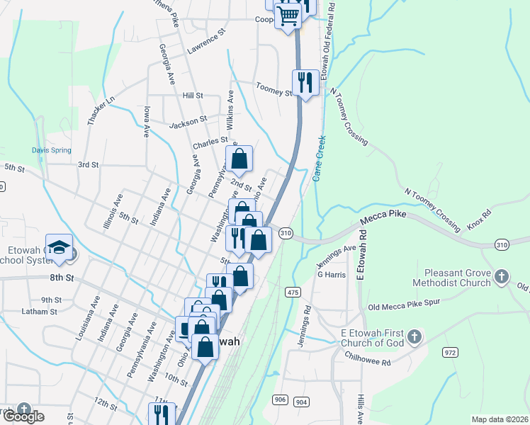 map of restaurants, bars, coffee shops, grocery stores, and more near 222 Tennessee Avenue in Etowah
