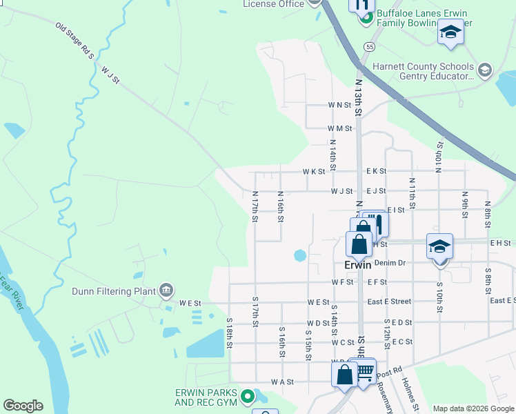 map of restaurants, bars, coffee shops, grocery stores, and more near 411 West I Street in Erwin