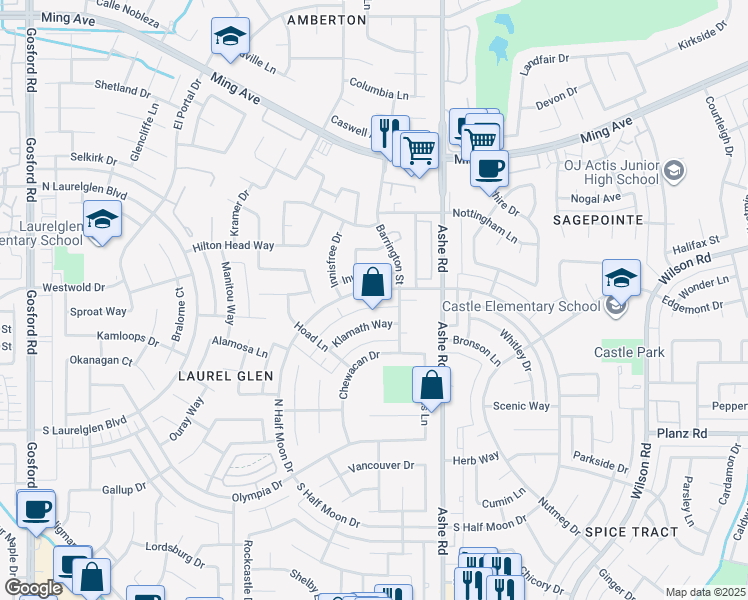 map of restaurants, bars, coffee shops, grocery stores, and more near 6712 North Half Moon Drive in Bakersfield