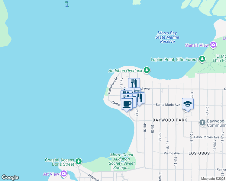 map of restaurants, bars, coffee shops, grocery stores, and more near 536 Baywood Way in San Luis Obispo