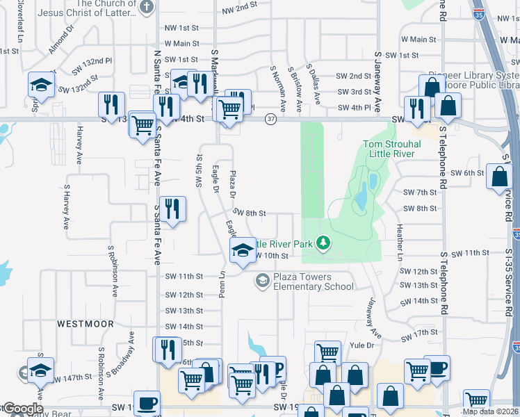 map of restaurants, bars, coffee shops, grocery stores, and more near 852 Southwest 8th Street in Moore