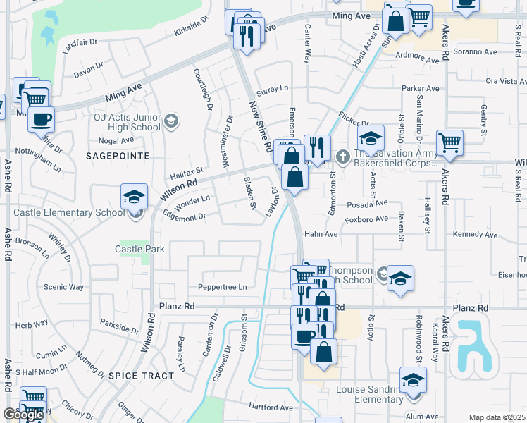 map of restaurants, bars, coffee shops, grocery stores, and more near 2716 Bladen Street in Bakersfield