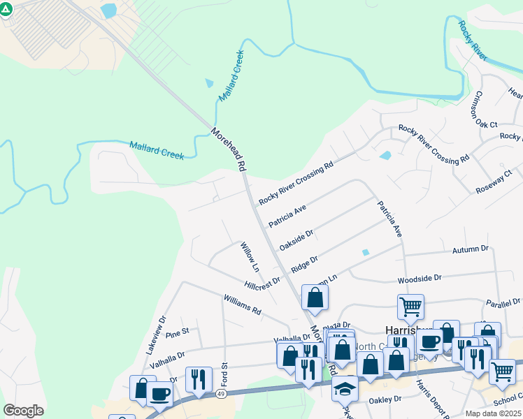 map of restaurants, bars, coffee shops, grocery stores, and more near 5265 Rocky River Crossing Road in Harrisburg