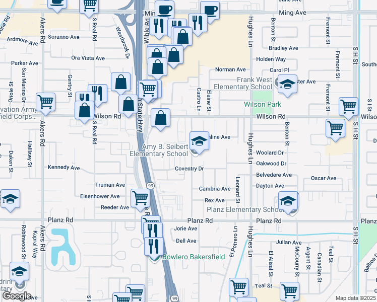 map of restaurants, bars, coffee shops, grocery stores, and more near 2801 Agate Street in Bakersfield