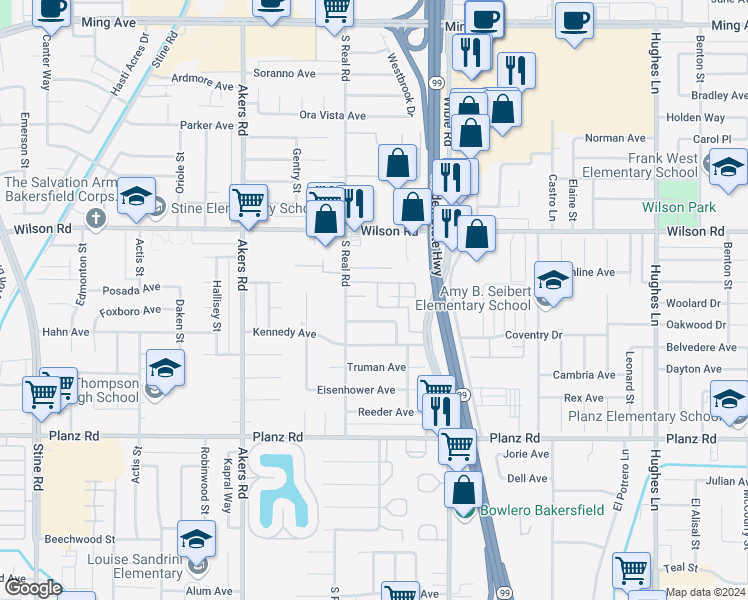 map of restaurants, bars, coffee shops, grocery stores, and more near 3504 Ginnelli Way in Bakersfield