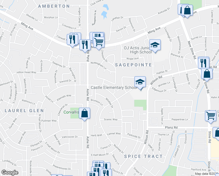 map of restaurants, bars, coffee shops, grocery stores, and more near 2813 North Half Moon Drive in Bakersfield