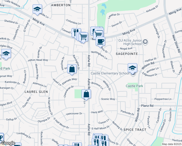 map of restaurants, bars, coffee shops, grocery stores, and more near 2800 Ashe Road in Bakersfield