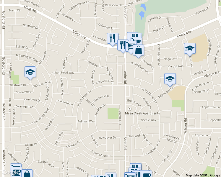 map of restaurants, bars, coffee shops, grocery stores, and more near 2800 Barrington Street in Bakersfield