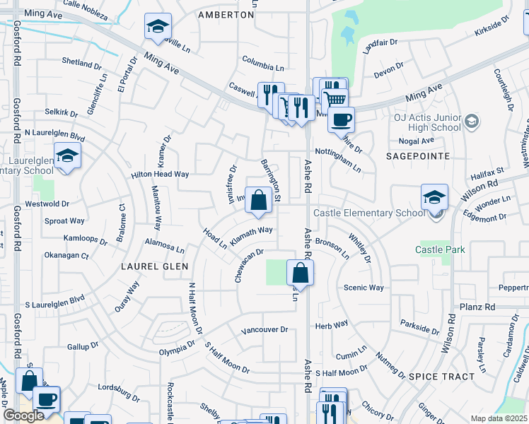 map of restaurants, bars, coffee shops, grocery stores, and more near 6713 Klamath Way in Bakersfield