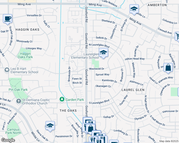 map of restaurants, bars, coffee shops, grocery stores, and more near 2709 Alberni Way in Bakersfield