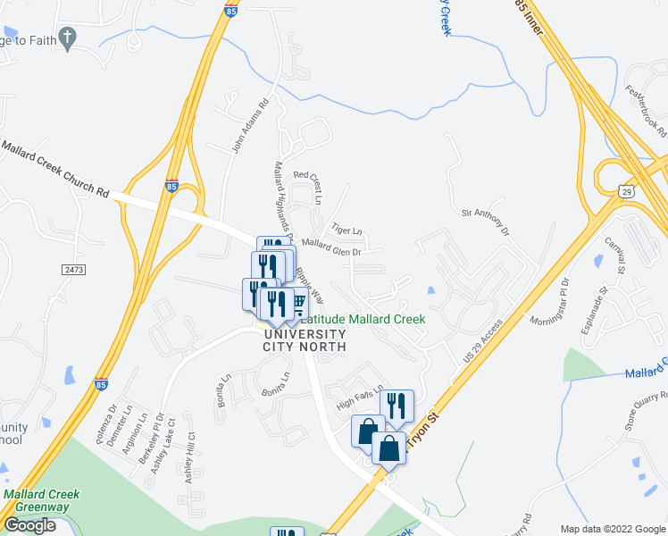map of restaurants, bars, coffee shops, grocery stores, and more near 11138 Hyde Pointe Court in Charlotte