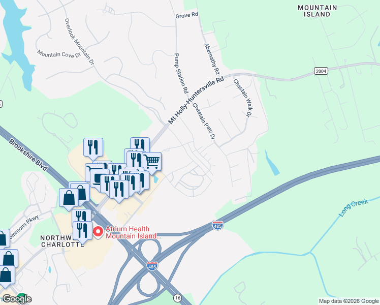 map of restaurants, bars, coffee shops, grocery stores, and more near 10776 Overlook Mountain Drive in Charlotte
